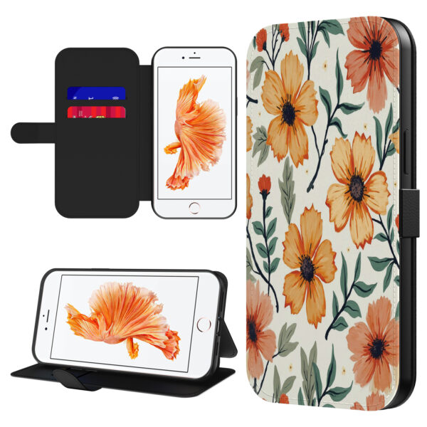 Leren bookcase hoesje iPhone 6-6s Plus met oranje en rode bloemen opdruk en pasjeshouder (1)