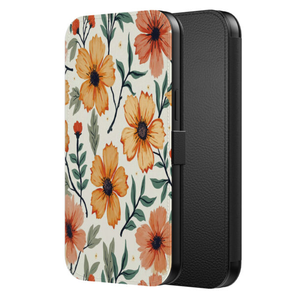 Leren bookcase hoesje iPhone 6-6s Plus met oranje en rode bloemen opdruk en pasjeshouder (2)