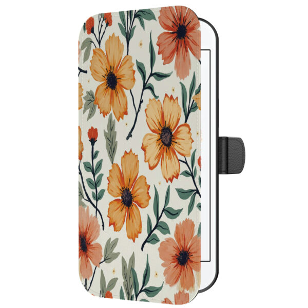 Leren bookcase hoesje iPhone 6-6s Plus met oranje en rode bloemen opdruk en pasjeshouder (5)