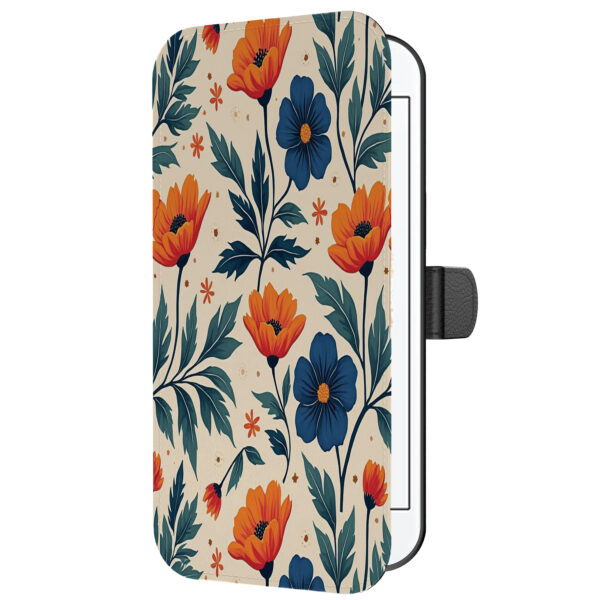Leren bookcase hoesje iPhone 6-6s met blauwe en rode bloemen opdruk en pasjeshouder (5)