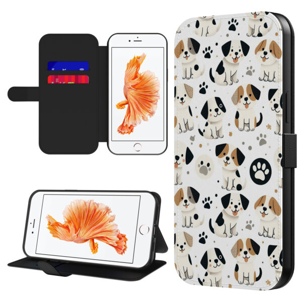 Leren bookcase hoesje iPhone 6-6s met honden en pootjes opdruk en pasjeshouder (1)