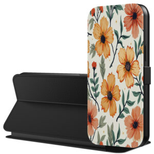Leren bookcase hoesje iPhone 6-6s met oranje en rode bloemen opdruk en pasjeshouder (3)