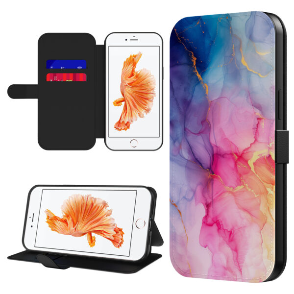 Leren bookcase hoesje iPhone 6-6s met regenboog marmer opdruk en pasjeshouder (1)