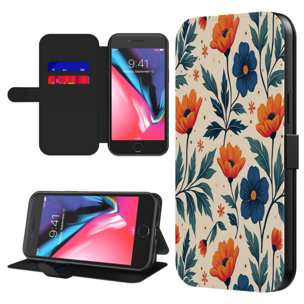 Leren bookcase hoesje iPhone 7-8 Plus met blauwe en rode bloemen opdruk en pasjeshouder (1)