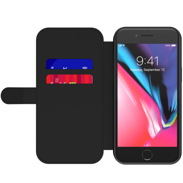 Leren bookcase hoesje iPhone 7-8 Plus met blauwe en rode bloemen opdruk en pasjeshouder (4)