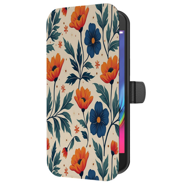 Leren bookcase hoesje iPhone 7-8 Plus met blauwe en rode bloemen opdruk en pasjeshouder (5)