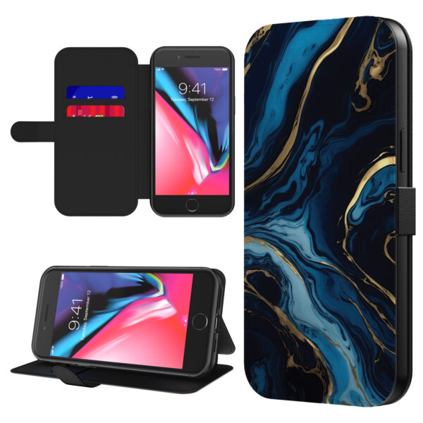 Leren bookcase hoesje iPhone 7-8 Plus met goud blauw marmer opdruk en pasjeshouder (1)