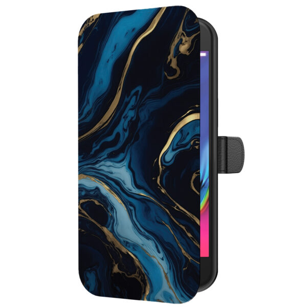 Leren bookcase hoesje iPhone 7-8 Plus met goud blauw marmer opdruk en pasjeshouder (5)