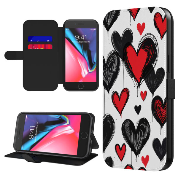 Leren bookcase hoesje iPhone 7-8 Plus met hartjes opdruk en pasjeshouder (1)