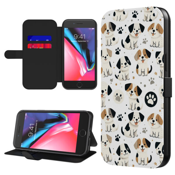 Leren bookcase hoesje iPhone 7-8 Plus met honden en pootjes opdruk en pasjeshouder (1)