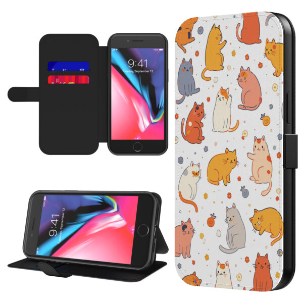 Leren bookcase hoesje iPhone 7-8 Plus met katten opdruk en pasjeshouder (1)