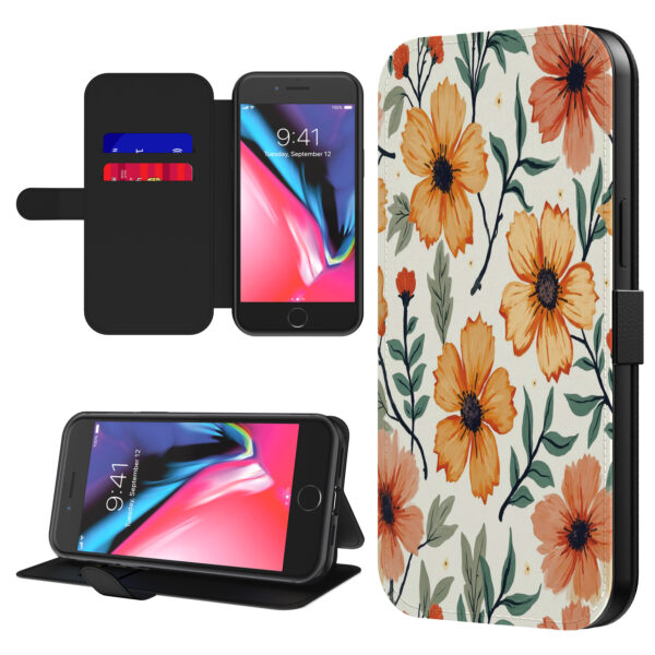Leren bookcase hoesje iPhone 7-8 Plus met oranje en rode bloemen opdruk en pasjeshouder (1)