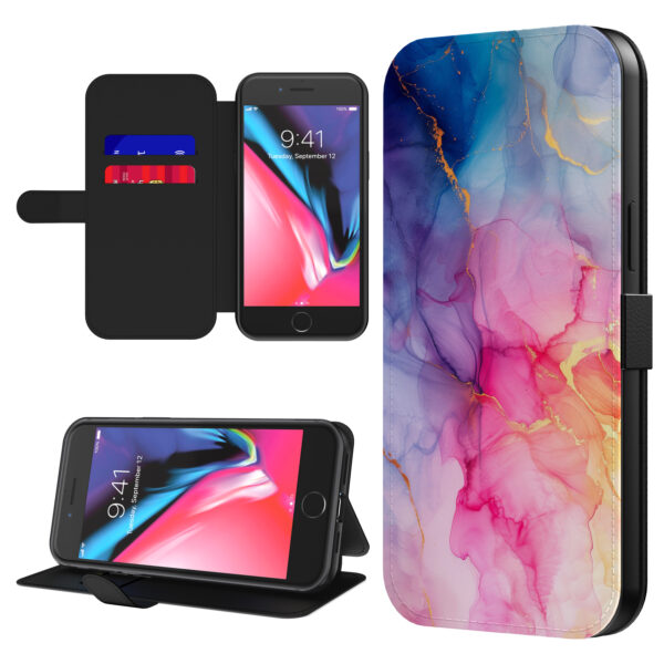 Leren bookcase hoesje iPhone 7-8 Plus met regenboog marmer opdruk en pasjeshouder (1)