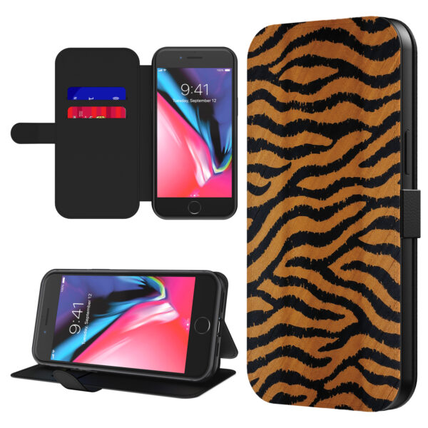 Leren bookcase hoesje iPhone 7-8 Plus met tijger opdruk en pasjeshouder (1)