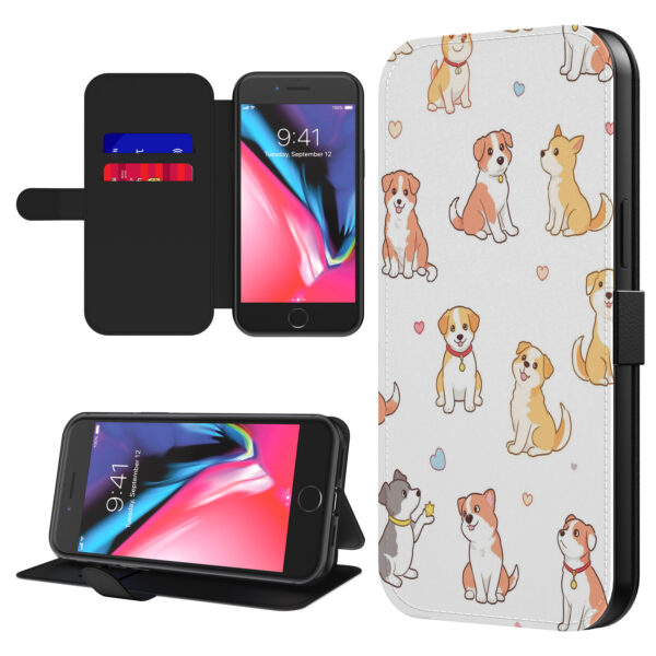 Leren bookcase hoesje iPhone 7-8 met honden opdruk en pasjeshouder (1)