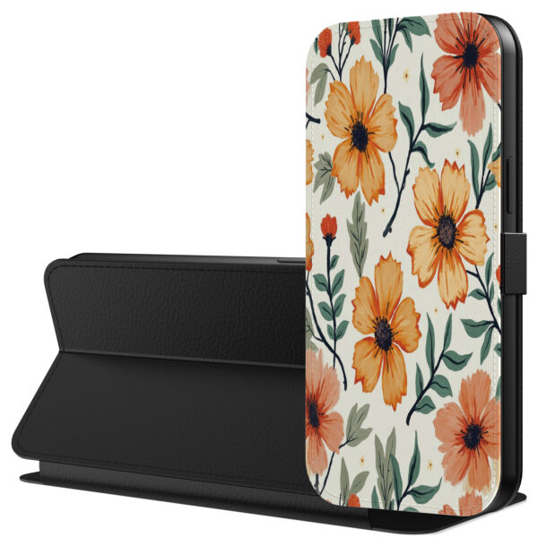 Leren bookcase hoesje iPhone 7-8 met oranje en rode bloemen opdruk en pasjeshouder (3)