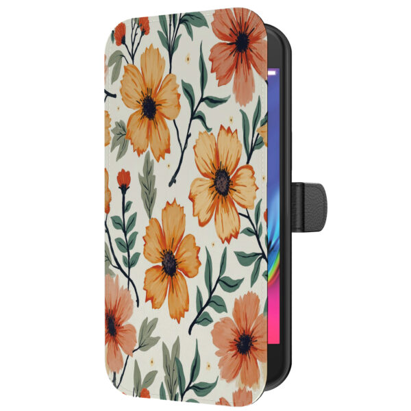 Leren bookcase hoesje iPhone 7-8 met oranje en rode bloemen opdruk en pasjeshouder (5)