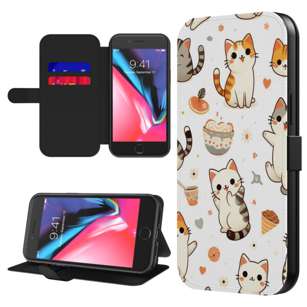 Leren bookcase hoesje iPhone 7-8 met poezen opdruk en pasjeshouder (1)
