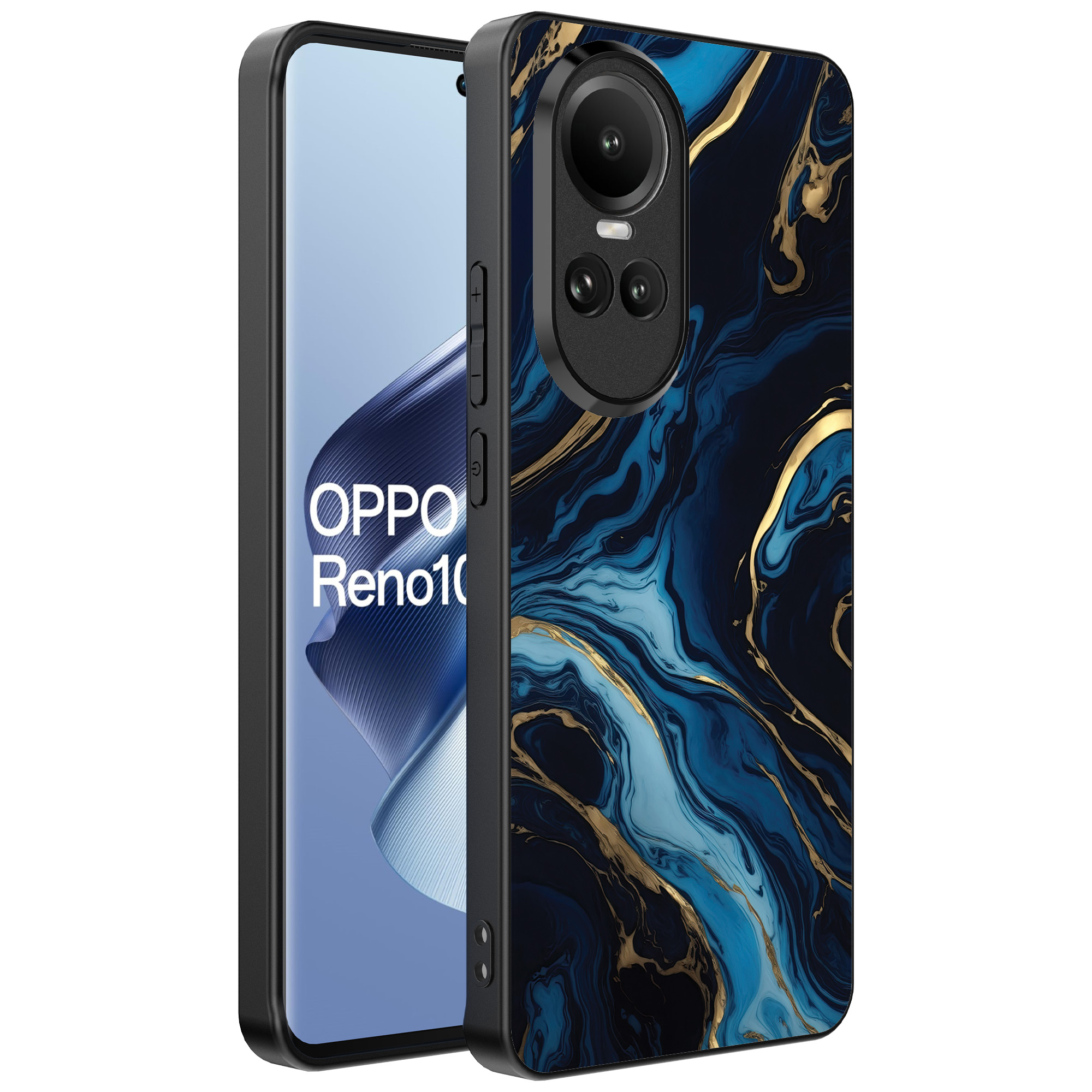 Oppo Reno 10 - 10 Pro telefoonhoesje met blauw goud marmer opdruk (1)