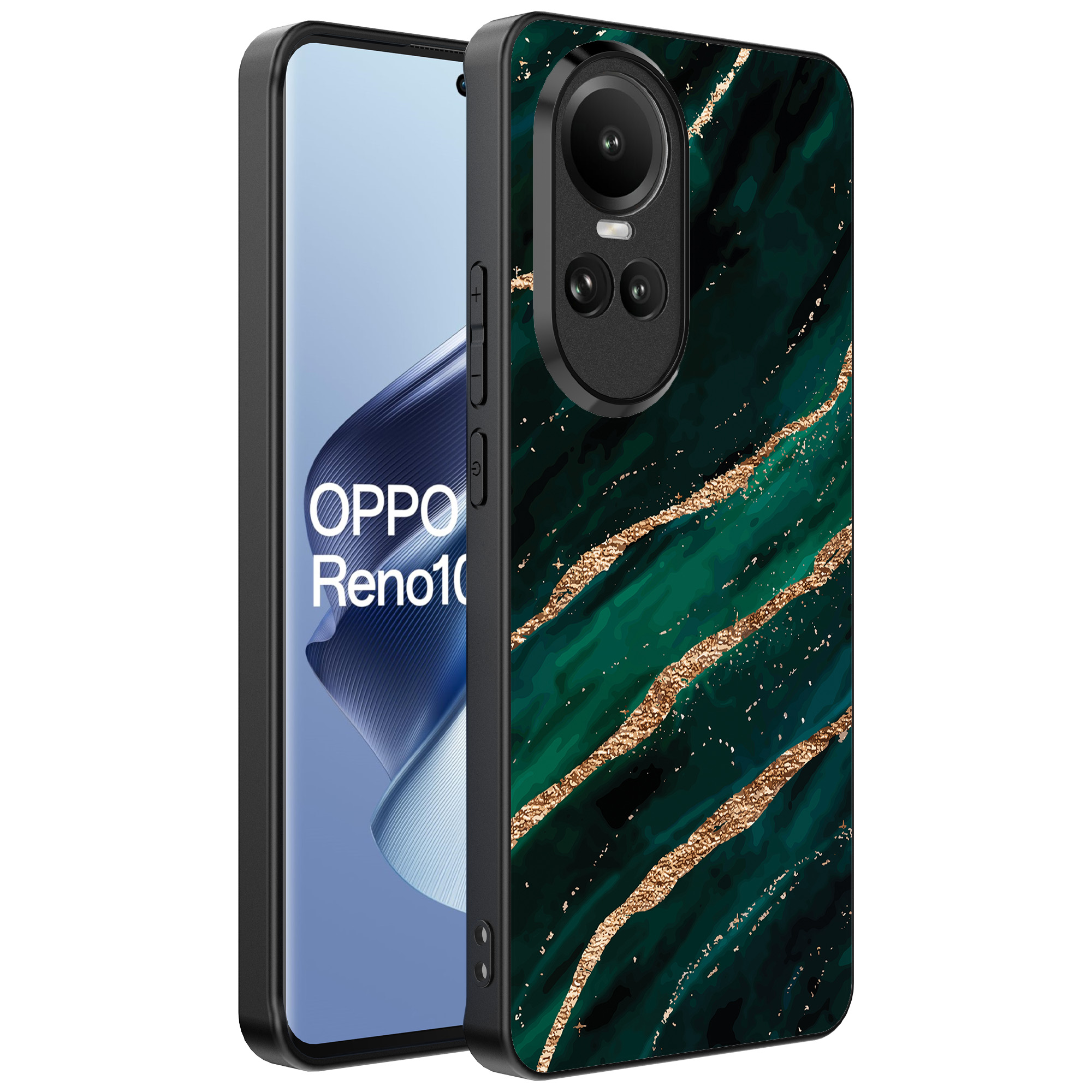 Oppo Reno 10 - 10 Pro telefoonhoesje met groen goud marmer opdruk (1)