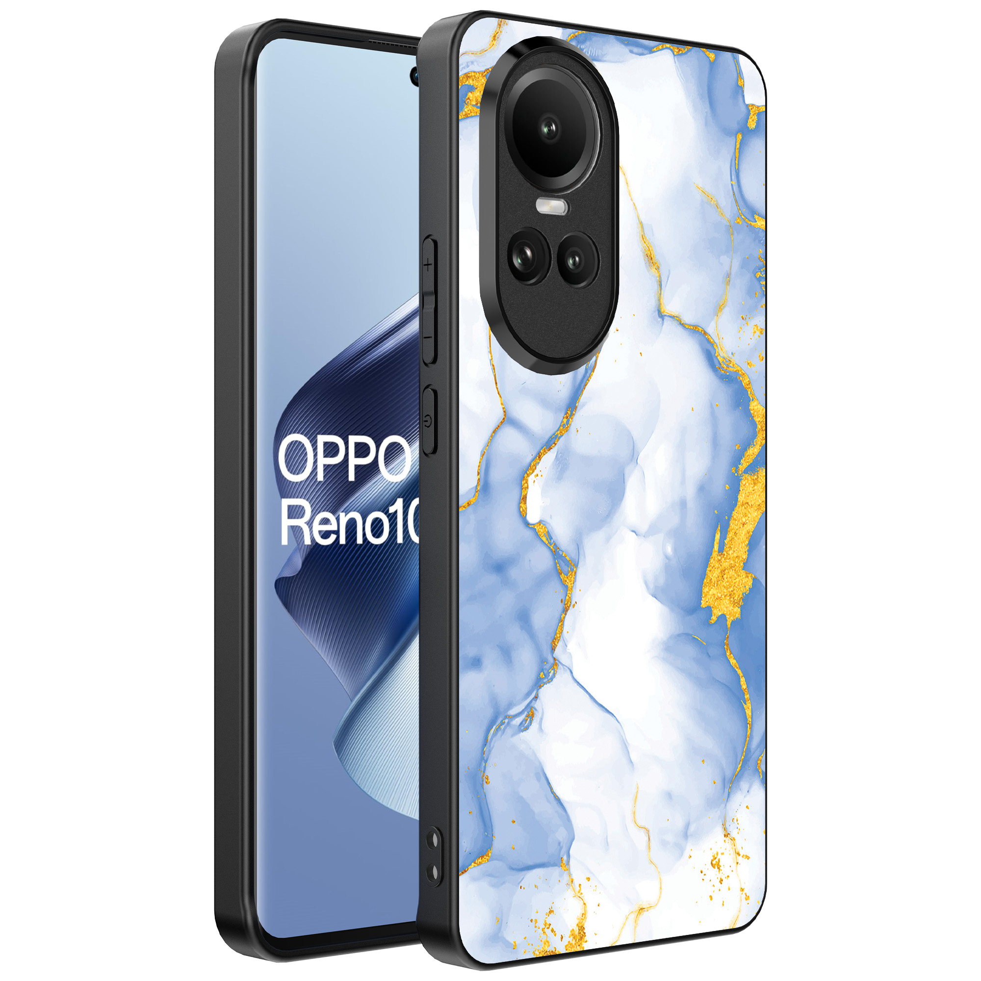 Oppo Reno 10 - 10 Pro telefoonhoesje met lichtblauw goud marmer opdruk (1)
