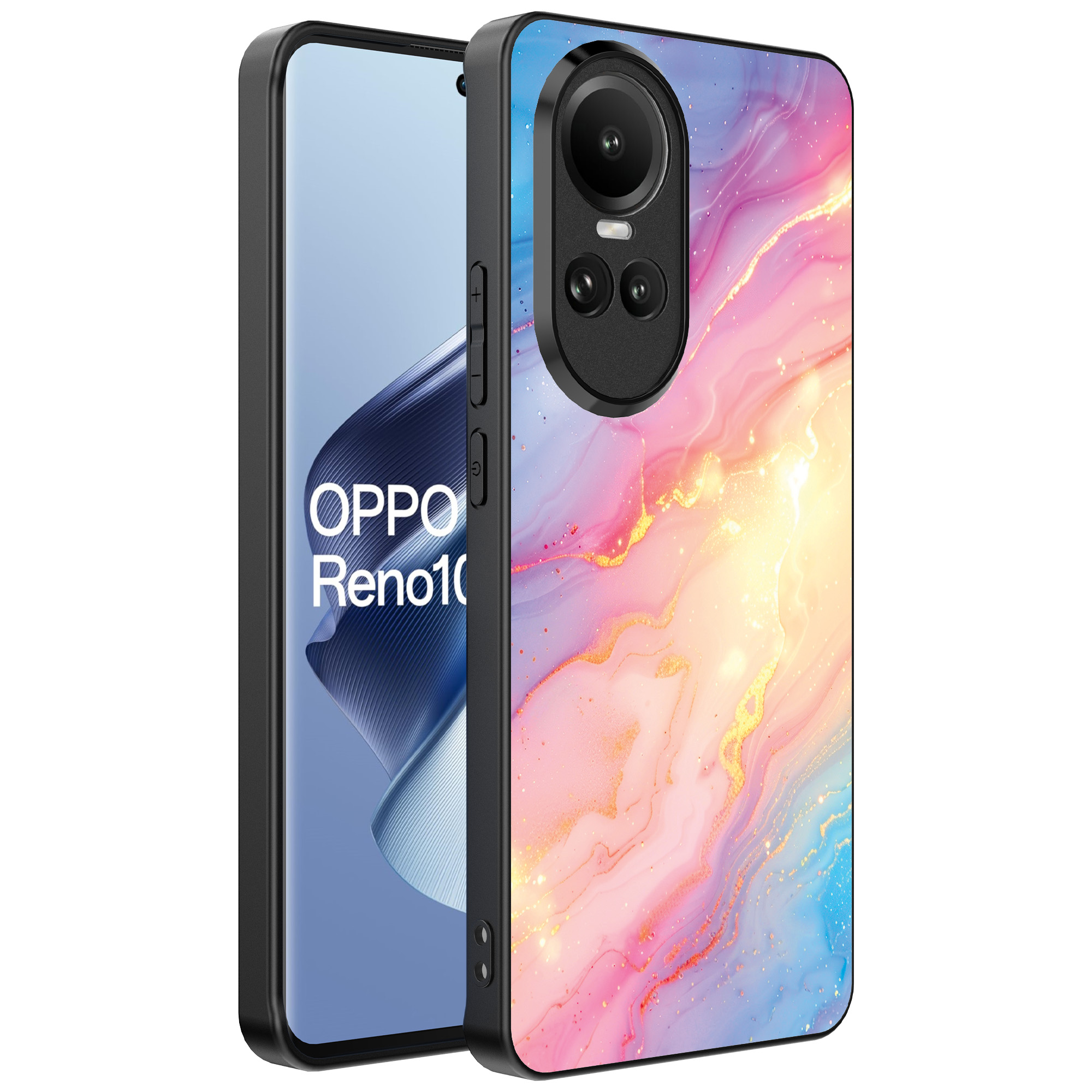 Oppo Reno 10 - 10 Pro telefoonhoesje met regenboog glitter marmer opdruk (1)