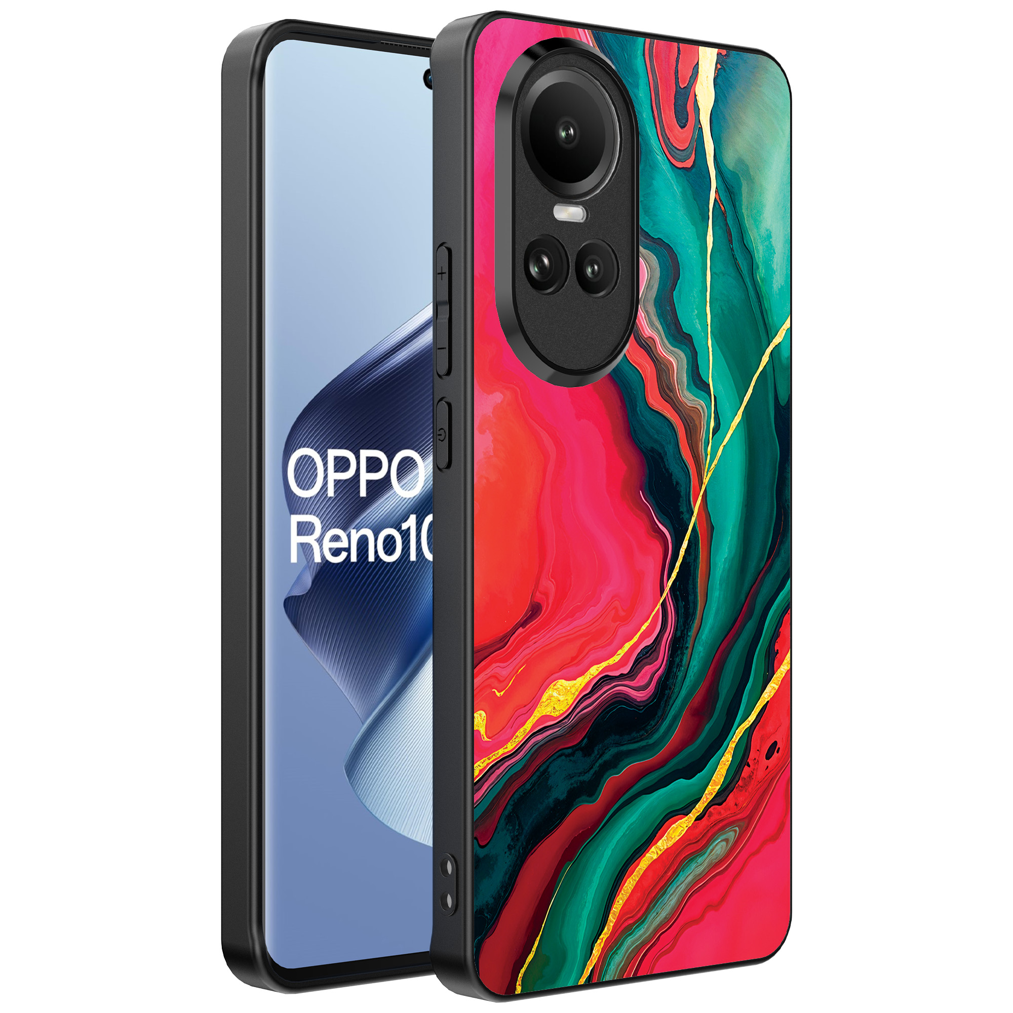 Oppo Reno 10 - 10 Pro telefoonhoesje met rood groen marmer opdruk (1)
