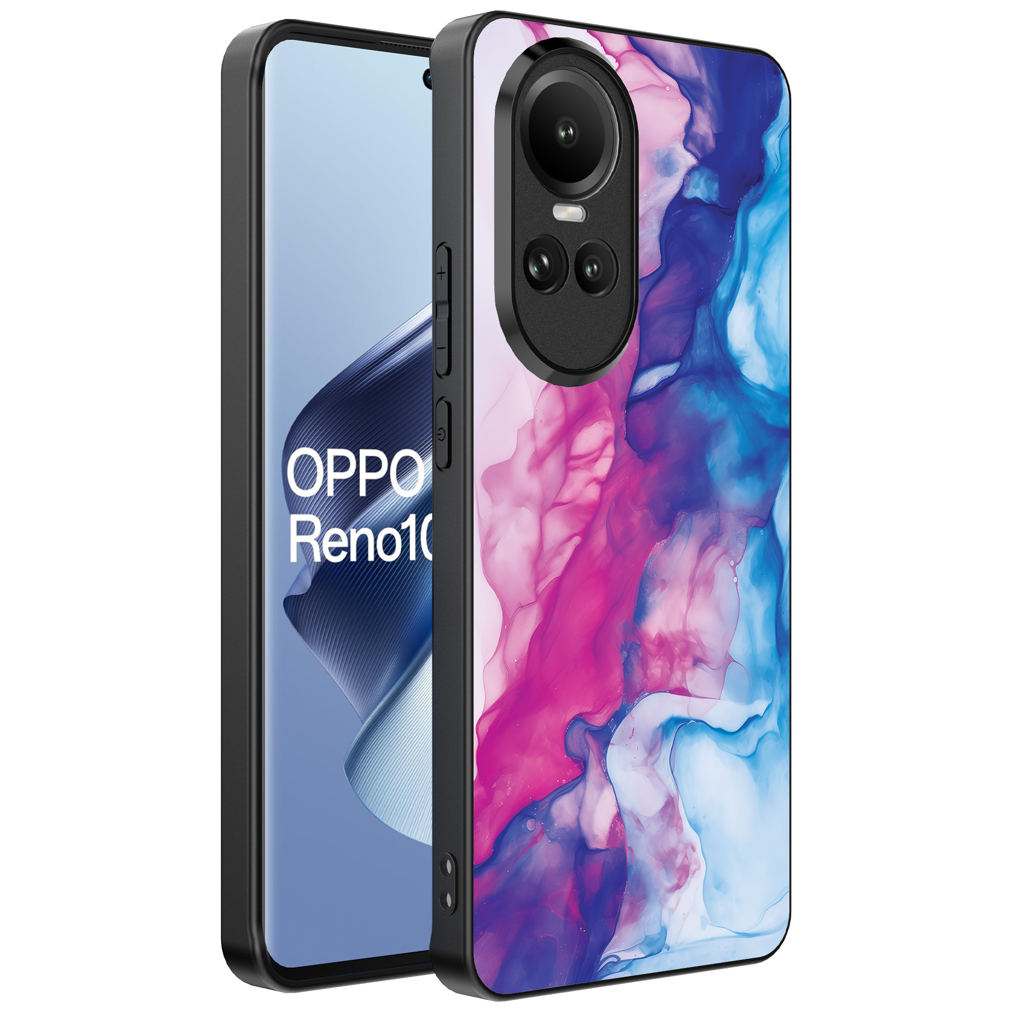Oppo Reno 10 - 10 Pro telefoonhoesje met roze blauw marmer opdruk (1)
