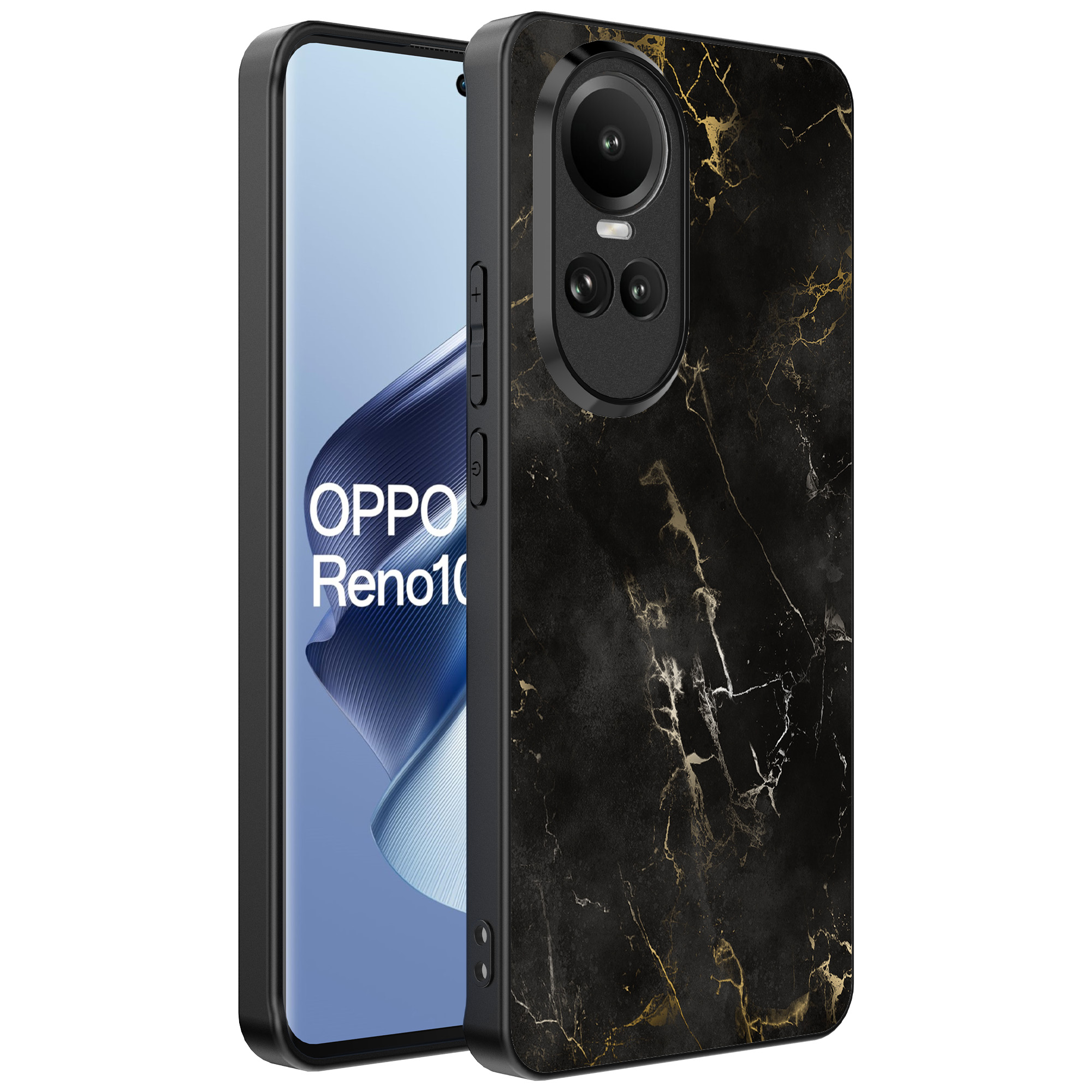 Oppo Reno 10 - 10 Pro telefoonhoesje met zwart marmer opdruk (1)