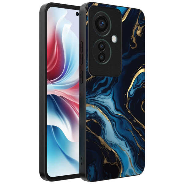 Oppo Reno 11 F telefoonhoesje met blauw goud marmer opdruk (1)