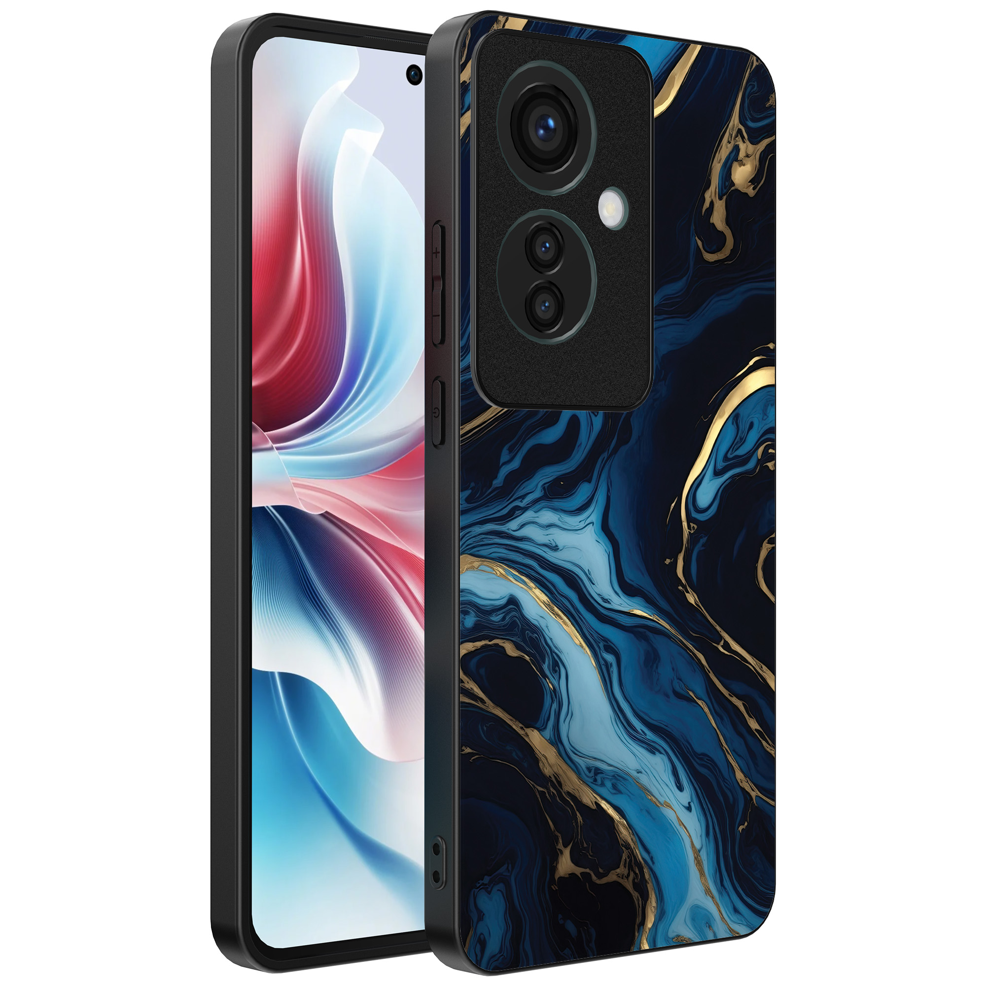 Oppo Reno 11 F telefoonhoesje met blauw goud marmer opdruk (1)