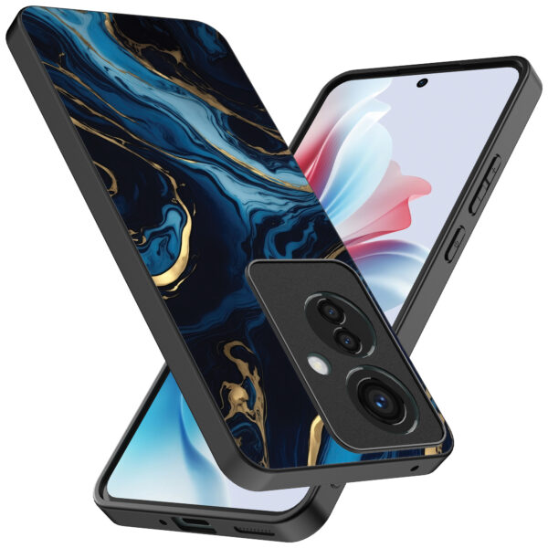 Oppo Reno 11 F telefoonhoesje met blauw goud marmer opdruk (2)