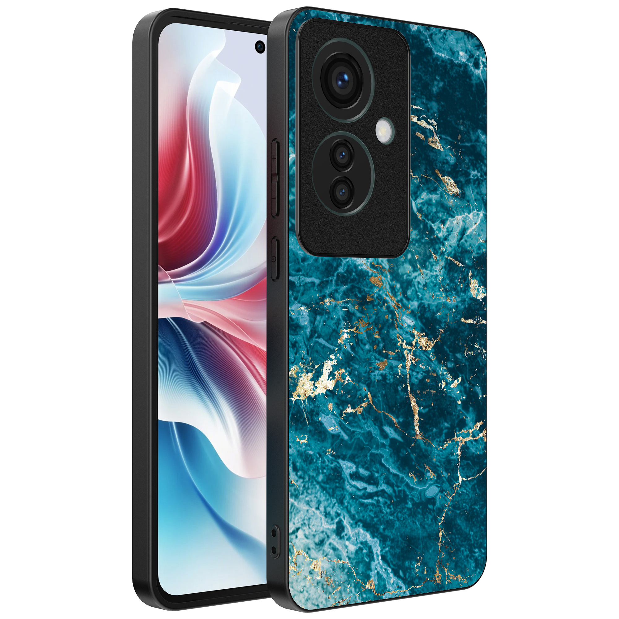 Oppo Reno 11 F telefoonhoesje met blauw marmer opdruk (1)