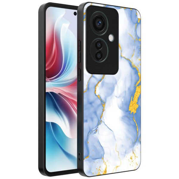 Oppo Reno 11 F telefoonhoesje met lichtblauw goud marmer opdruk (1)