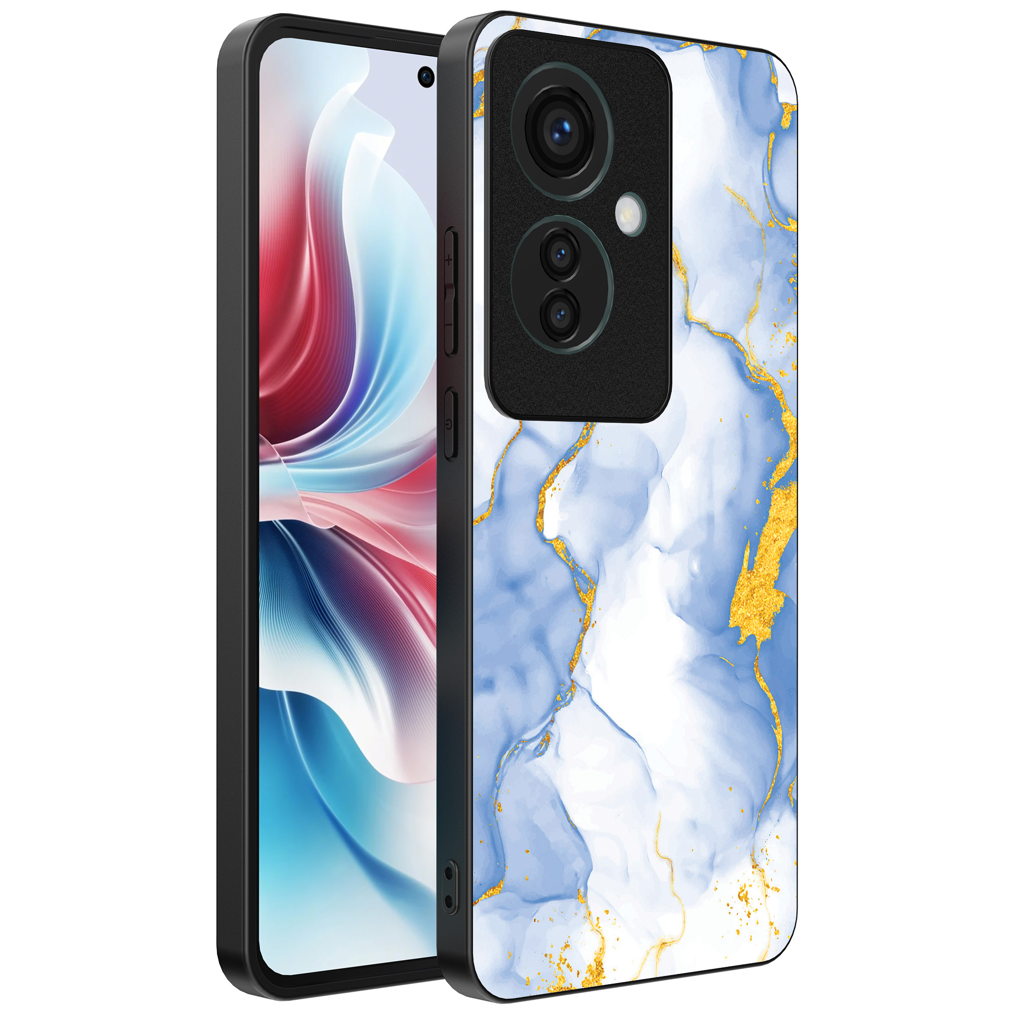 Oppo Reno 11 F telefoonhoesje met lichtblauw goud marmer opdruk (1)
