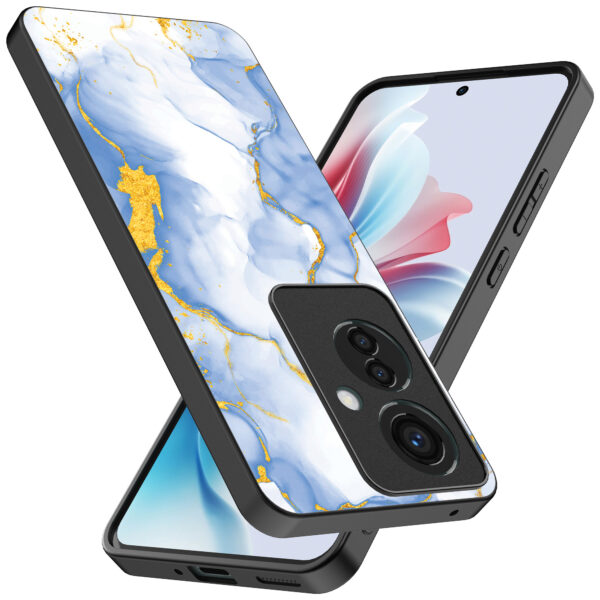 Oppo Reno 11 F telefoonhoesje met lichtblauw goud marmer opdruk (2)
