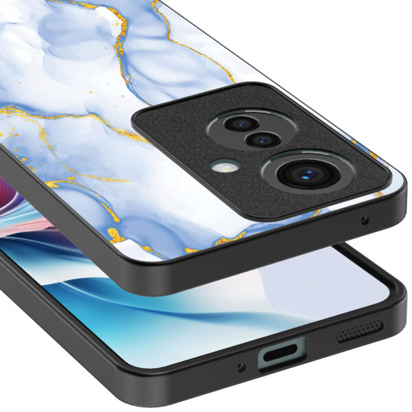 Oppo Reno 11 F telefoonhoesje met lichtblauw goud marmer opdruk (4)