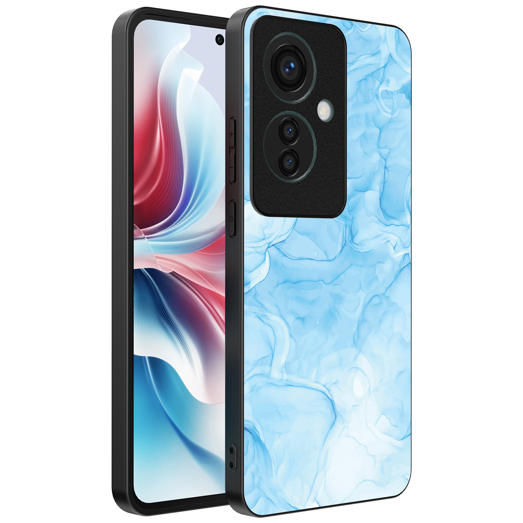 Oppo Reno 11 F telefoonhoesje met lichtblauw marmer opdruk (1)