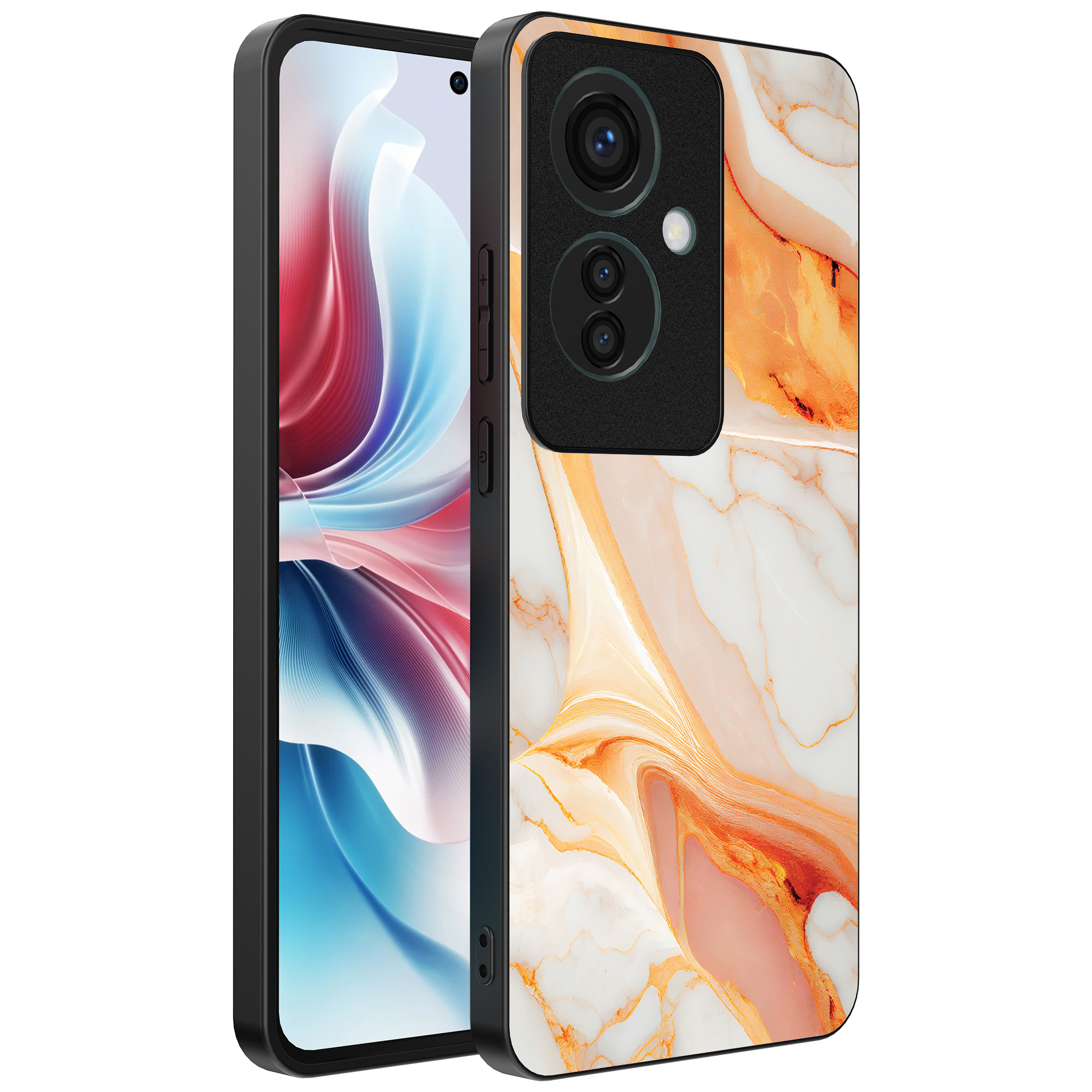 Oppo Reno 11 F telefoonhoesje met oranje marmer opdruk (1)
