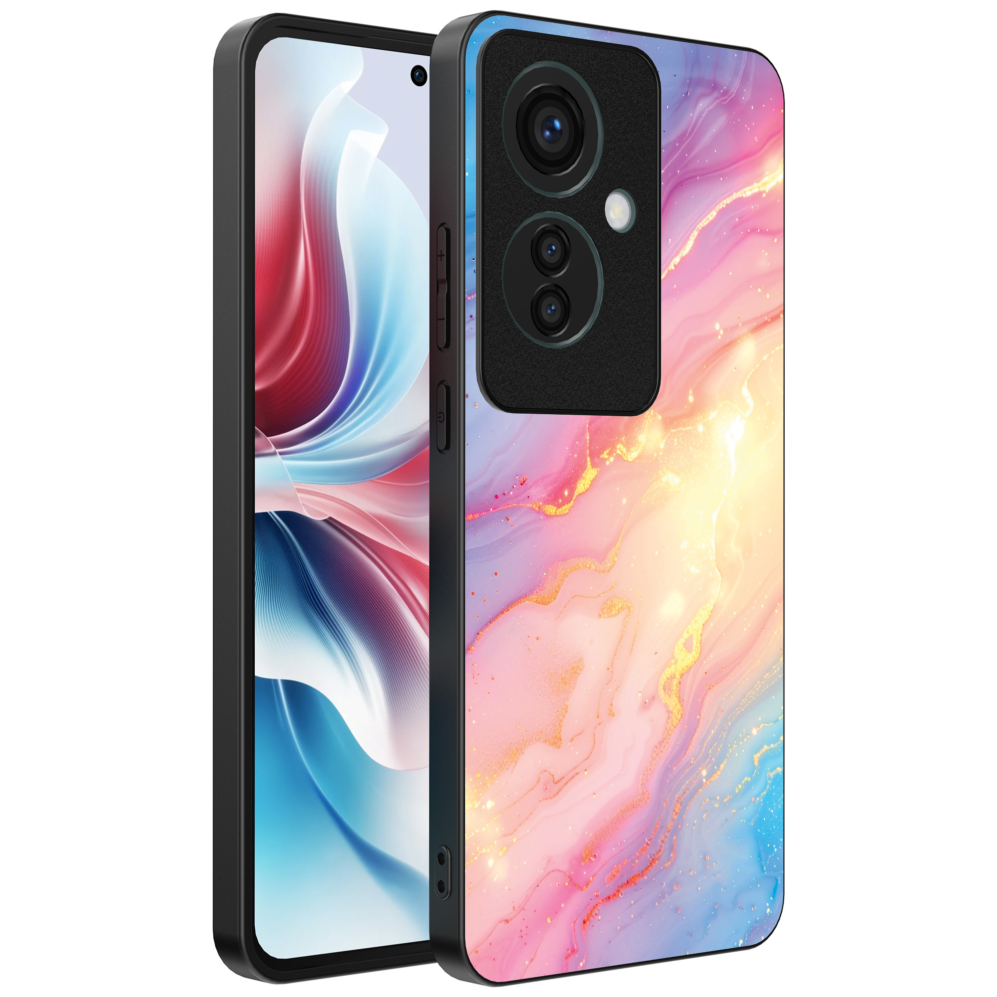 Oppo Reno 11 F telefoonhoesje met regenboog glitter marmer opdruk (1)