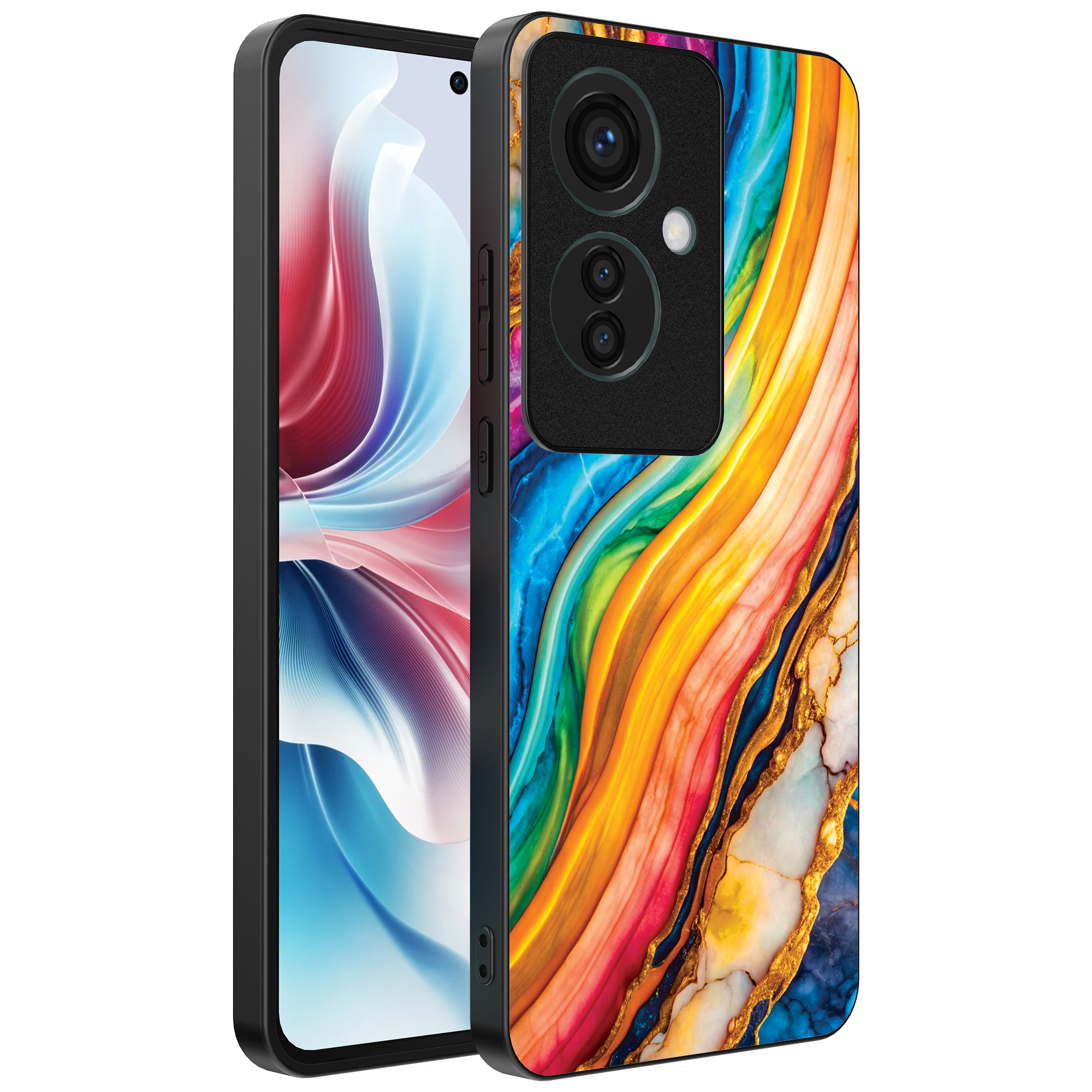 Oppo Reno 11 F telefoonhoesje met regenboog goud marmer opdruk (1)