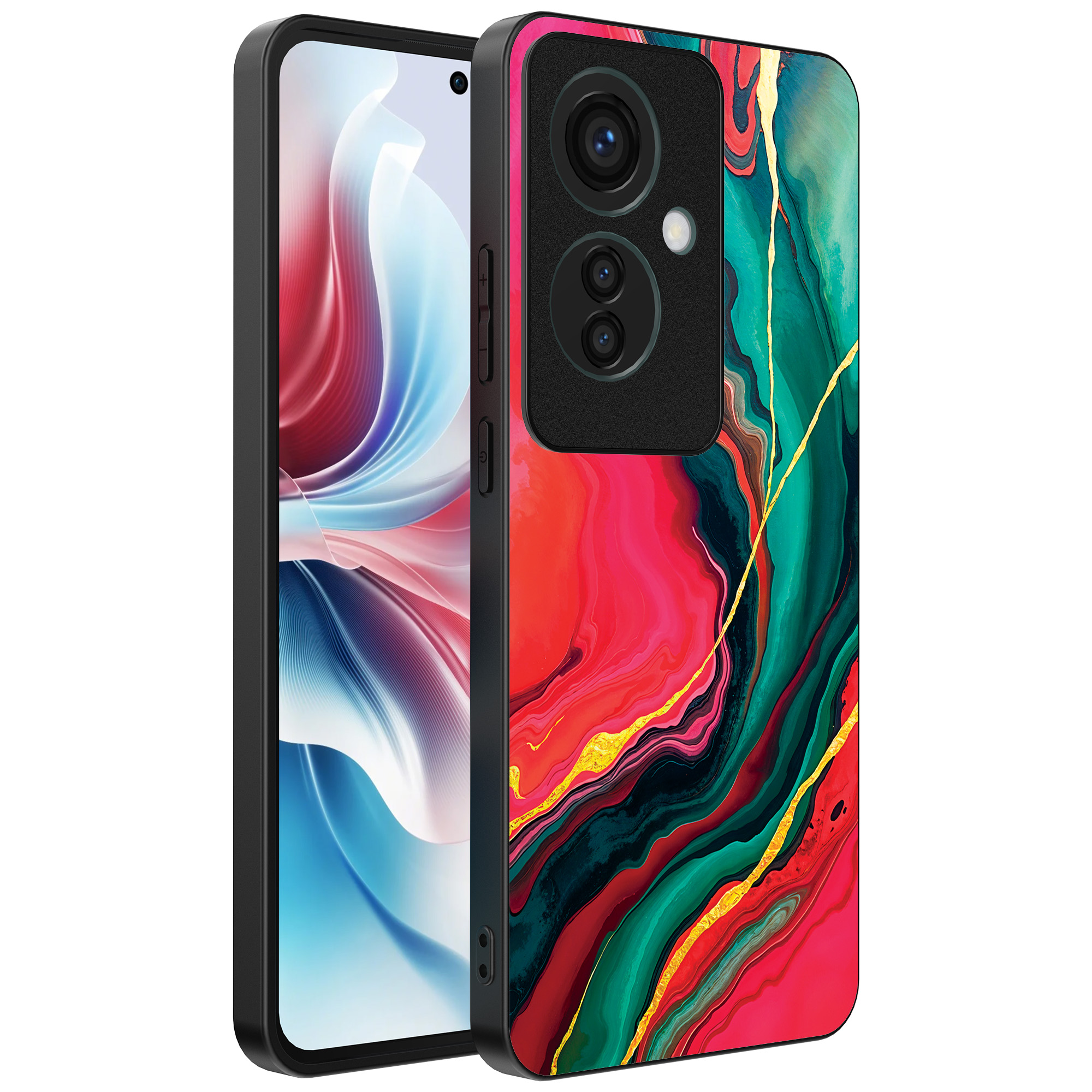 Oppo Reno 11 F telefoonhoesje met rood groen marmer opdruk (1)