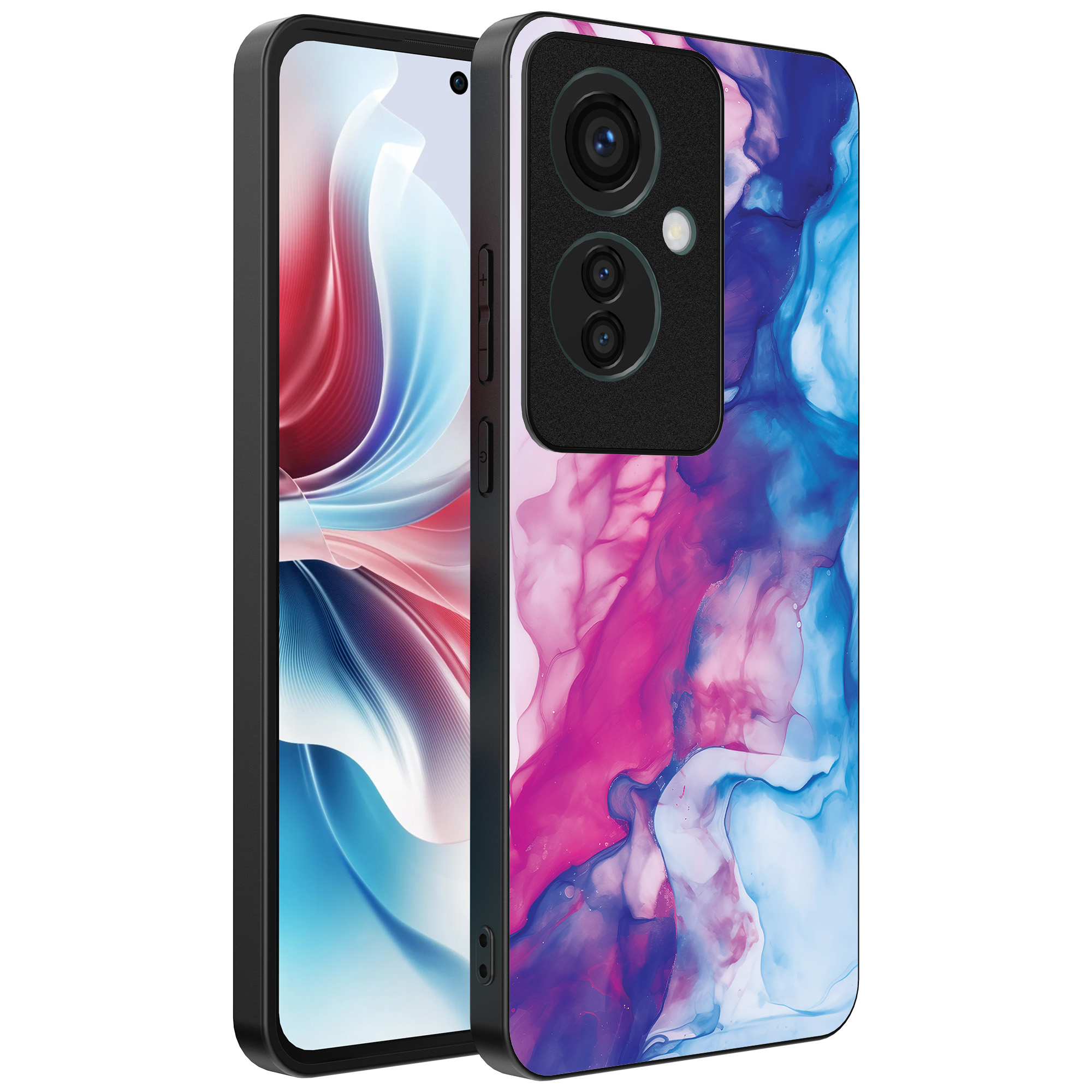 Oppo Reno 11 F telefoonhoesje met roze blauw marmer opdruk (1)