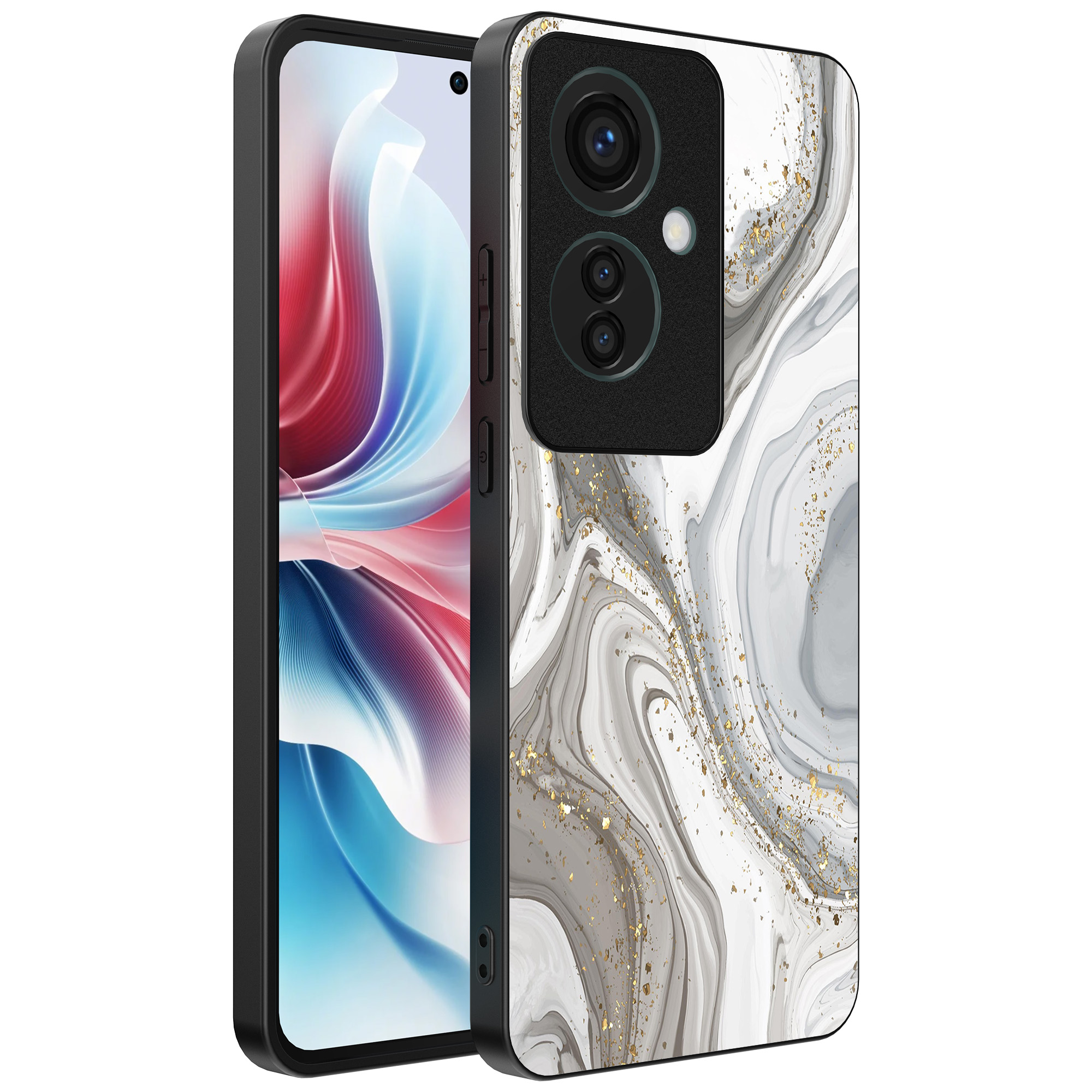 Oppo Reno 11 F telefoonhoesje met zilver marmer opdruk (1)