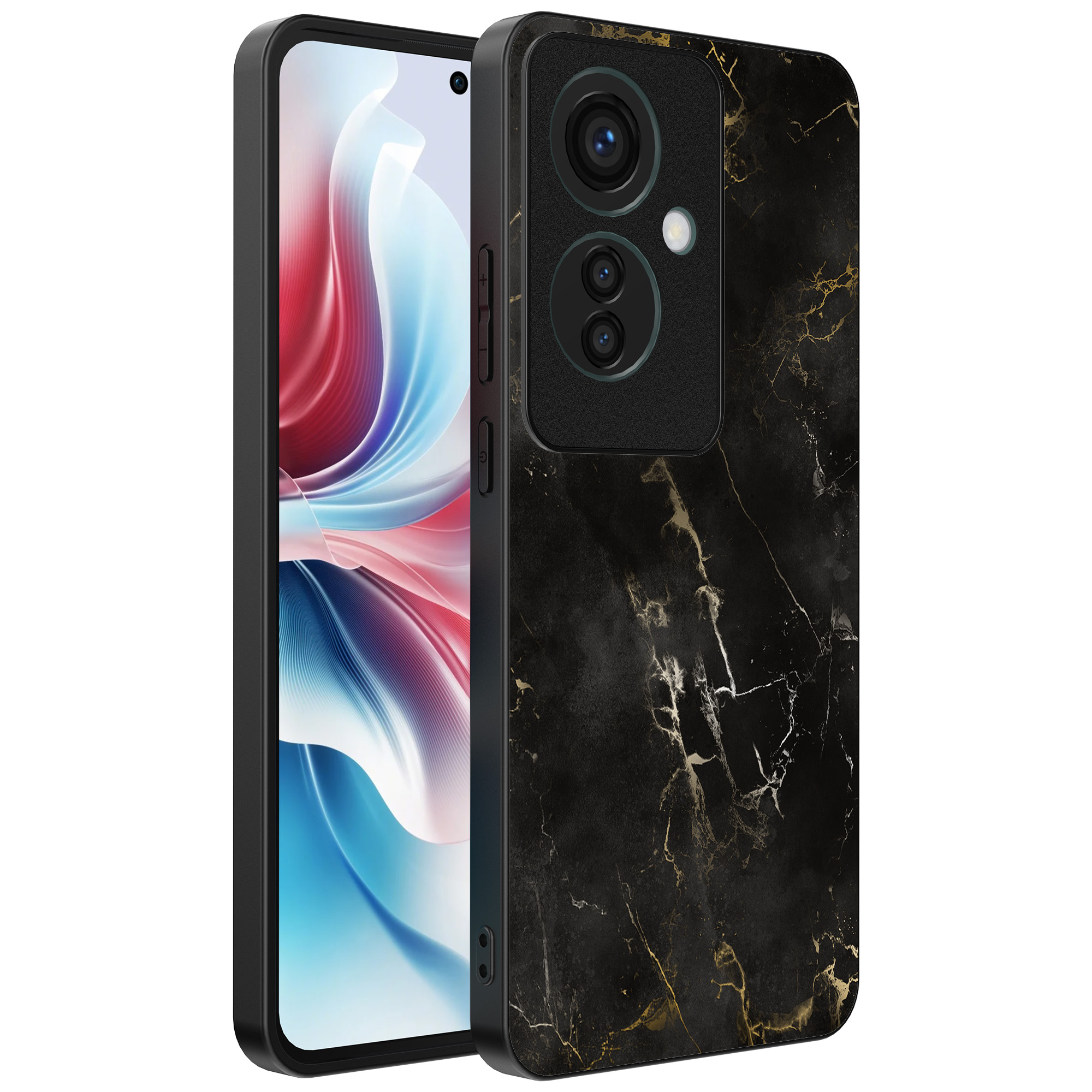 Oppo Reno 11 F telefoonhoesje met zwart marmer opdruk (1)