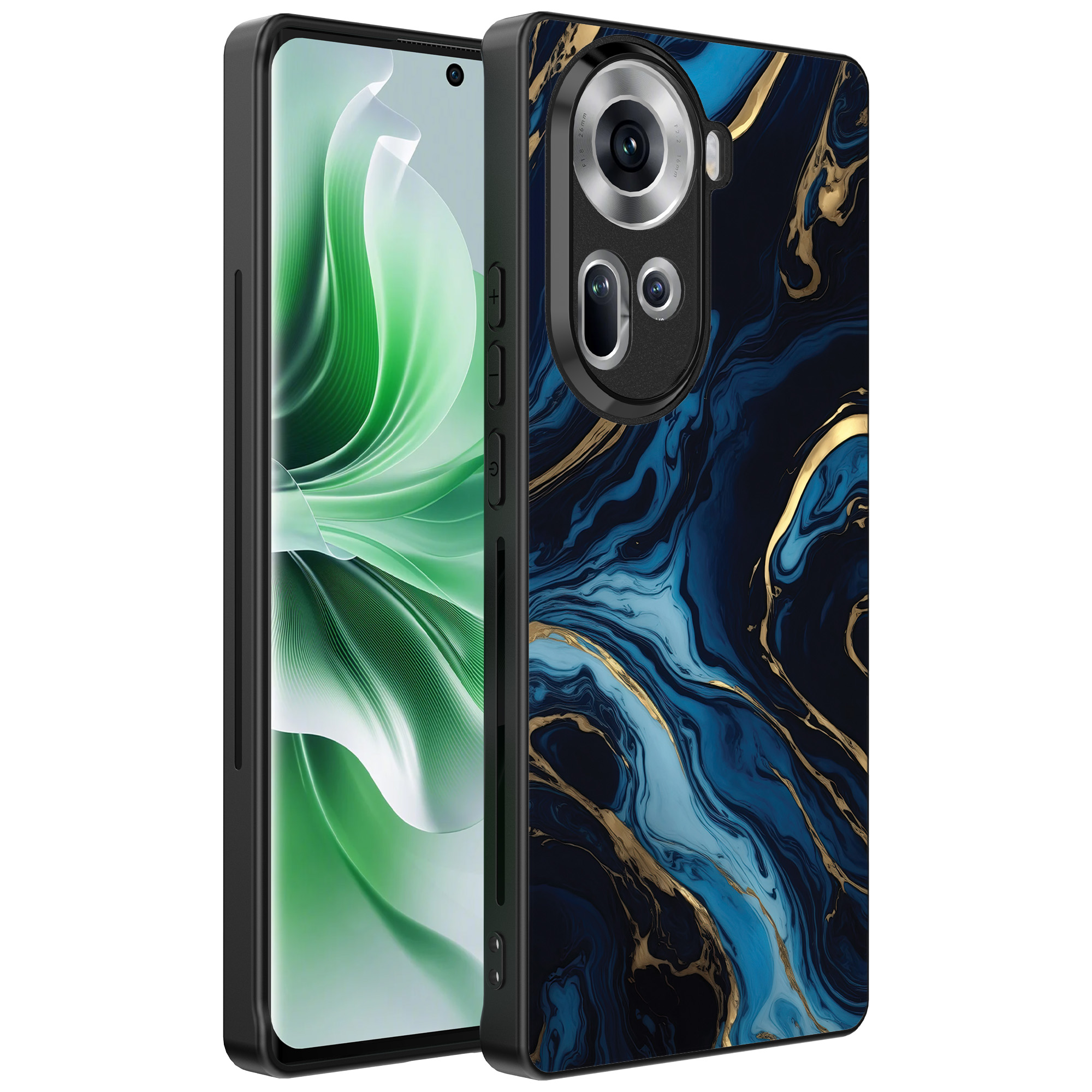 Oppo Reno 11 telefoonhoesje met blauw goud marmer opdruk (1)