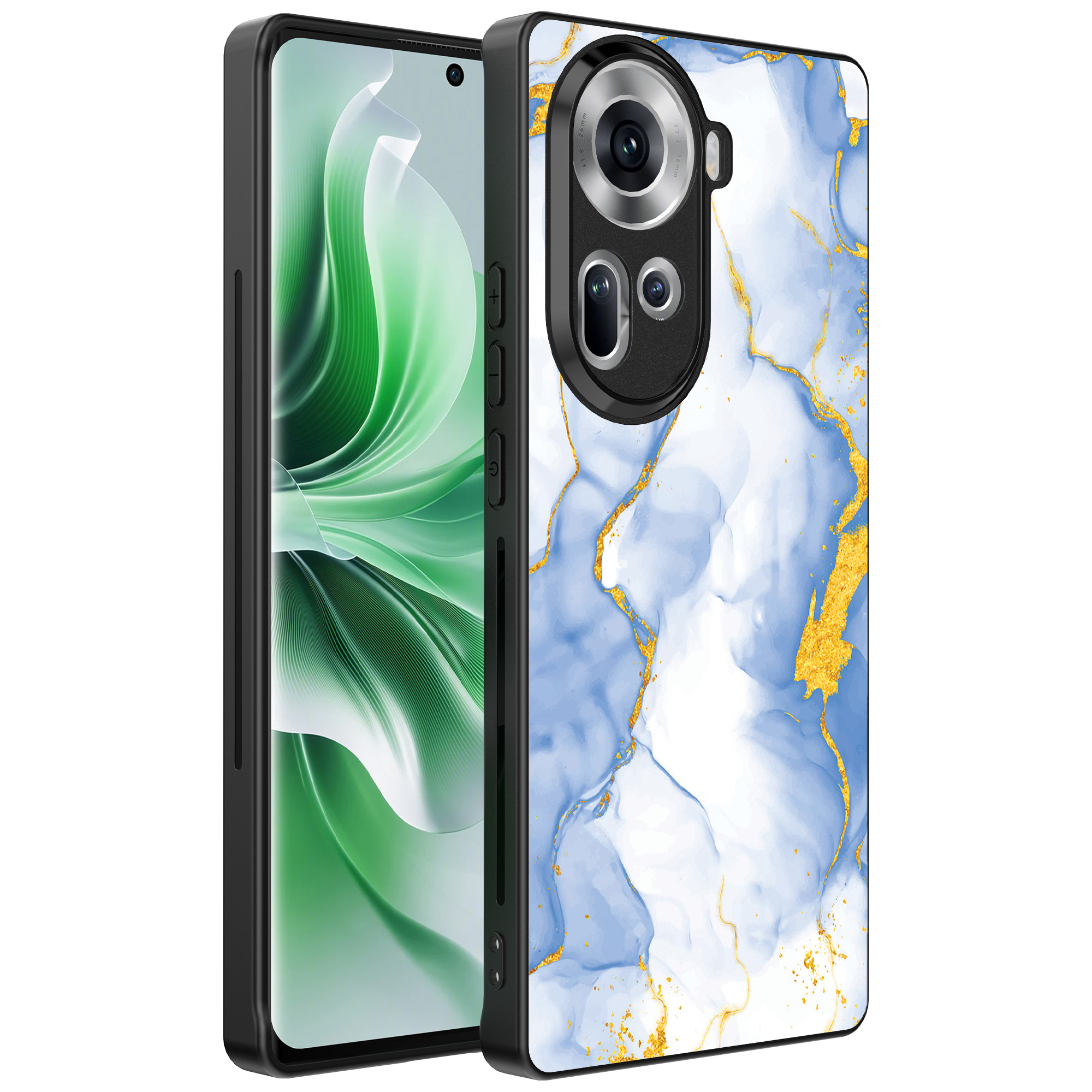 Oppo Reno 11 telefoonhoesje met lichtblauw goud marmer opdruk (1)
