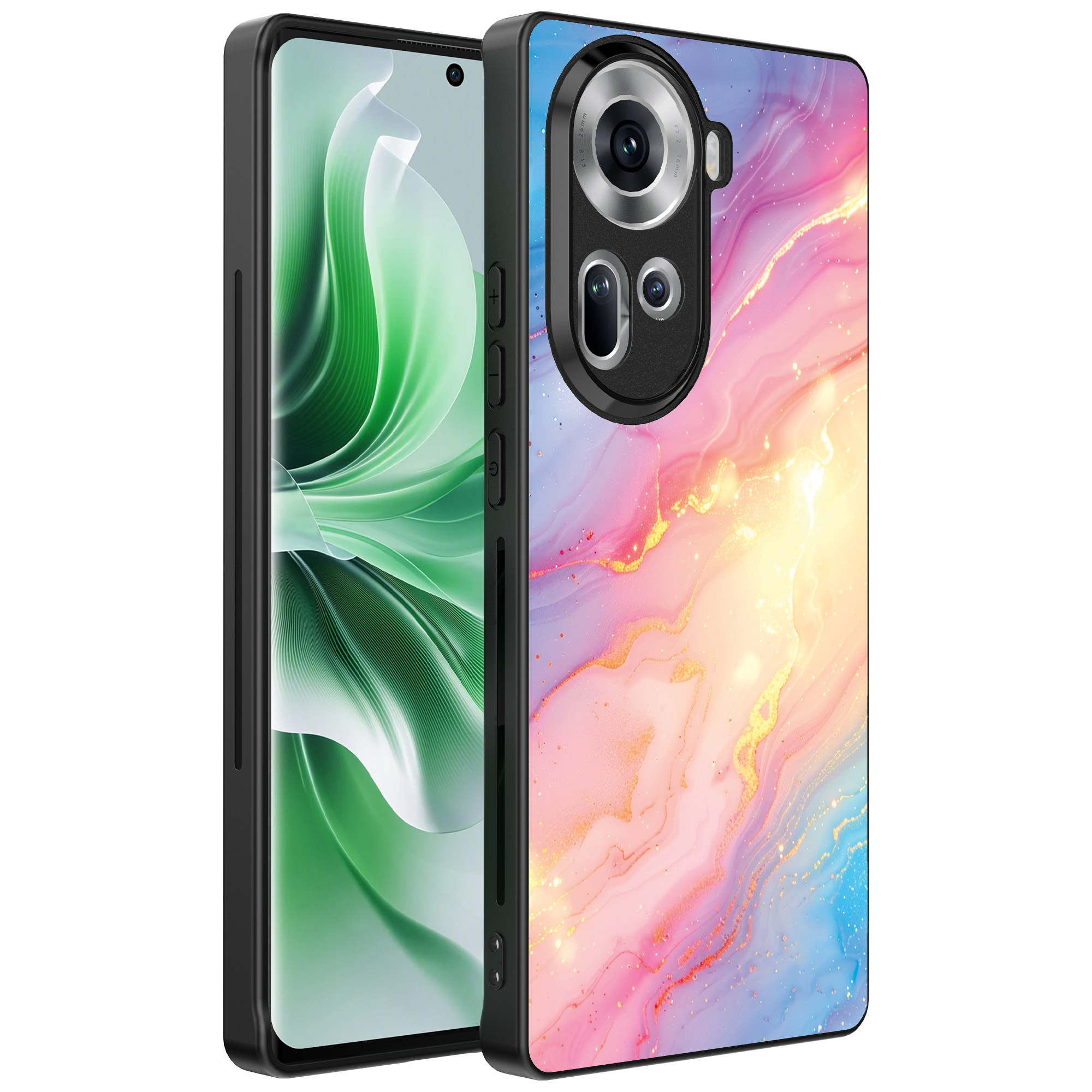 Oppo Reno 11 telefoonhoesje met regenboog glitter marmer opdruk (1)