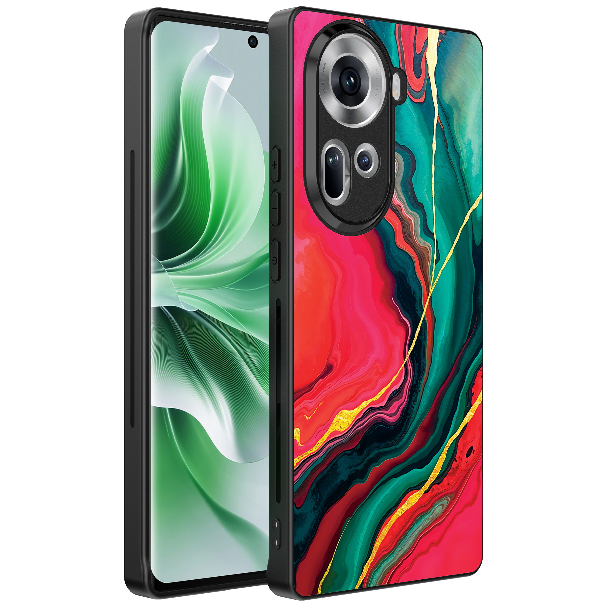 Oppo Reno 11 telefoonhoesje met rood groen marmer opdruk (1)