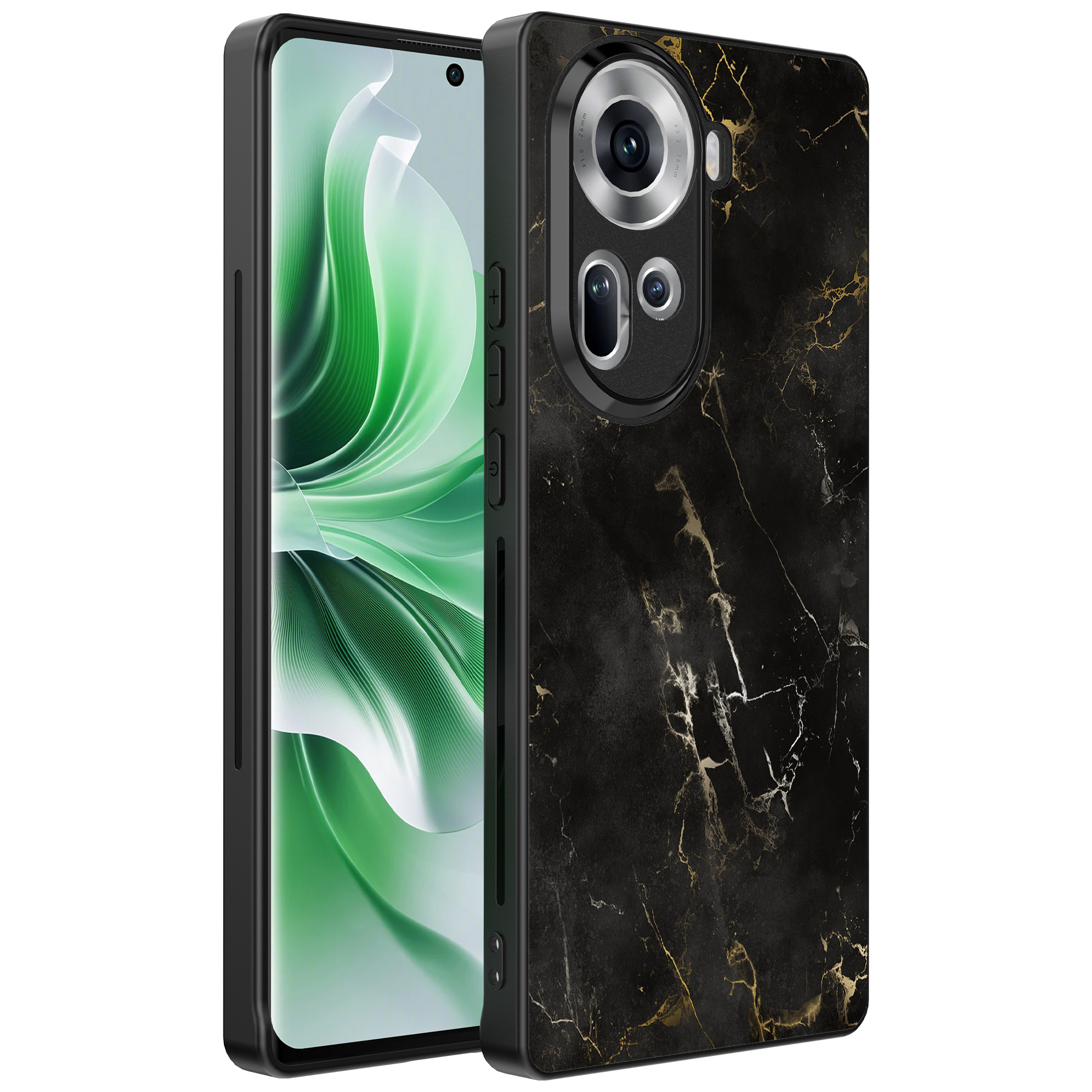 Oppo Reno 11 telefoonhoesje met zwart marmer opdruk (1)